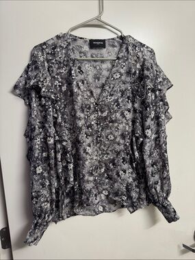 The Kooples Black & White Floral Ruffle Blouse